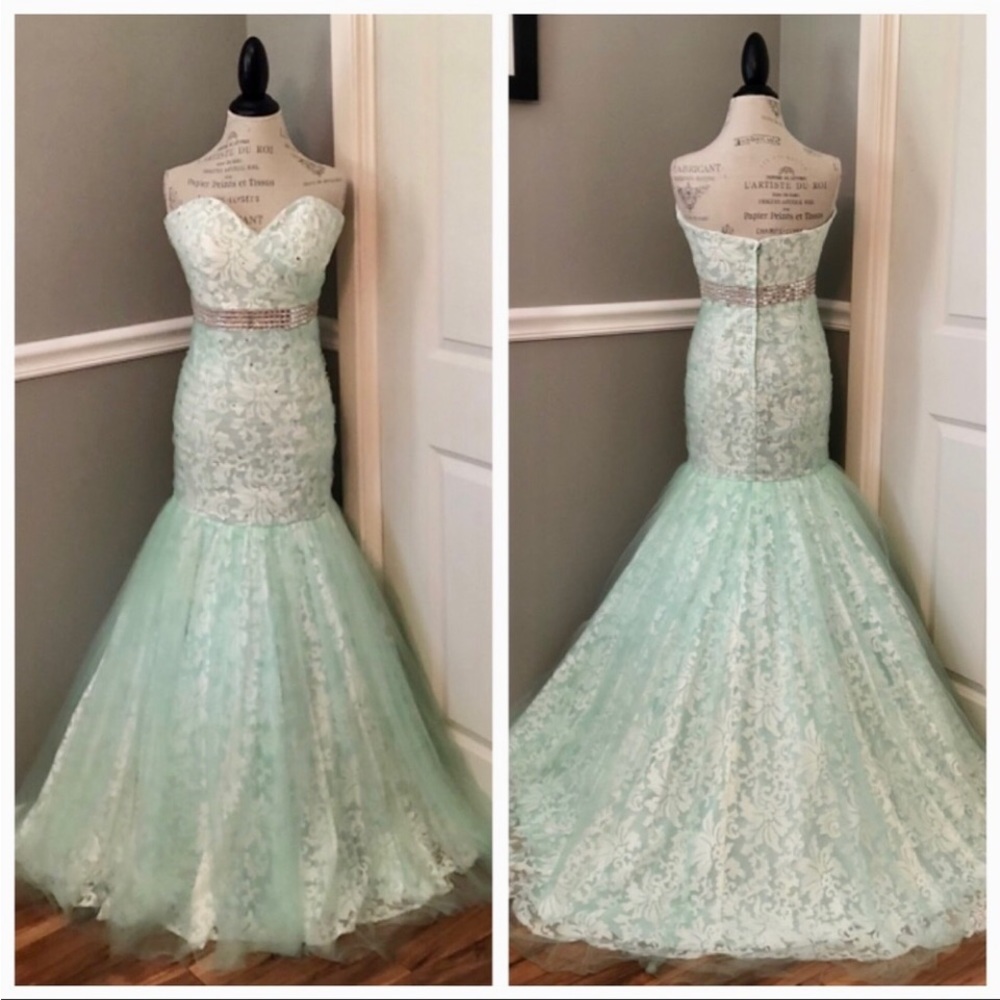 NEW TIFFANY DESIGNS SZ 12 MINT GREEN IVORY STRAPLESS LACE GOWN